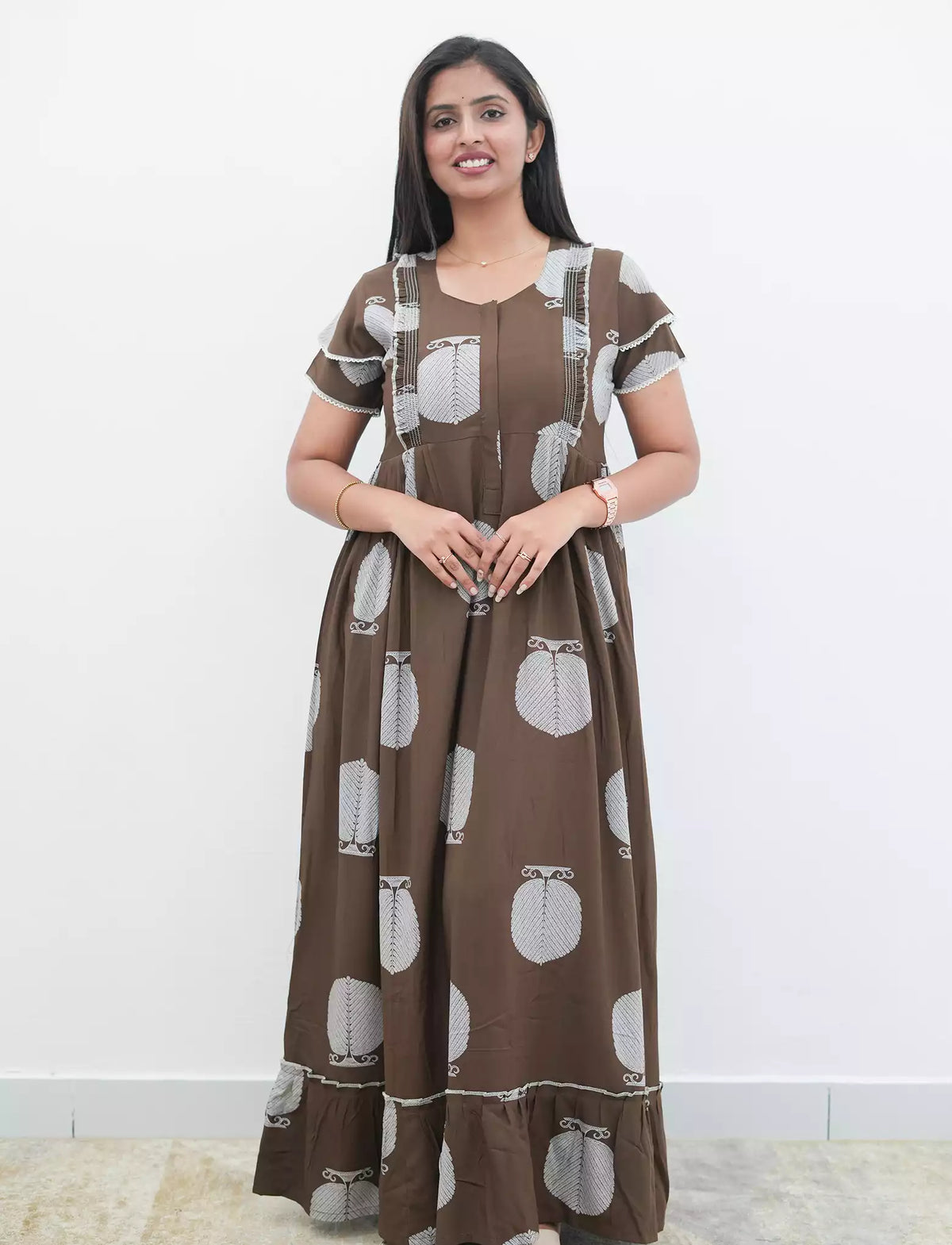Berry Pink Botanical Print Rayon Front Zipper Feeding Full Frock with Side Pocket - Mangai Nighties