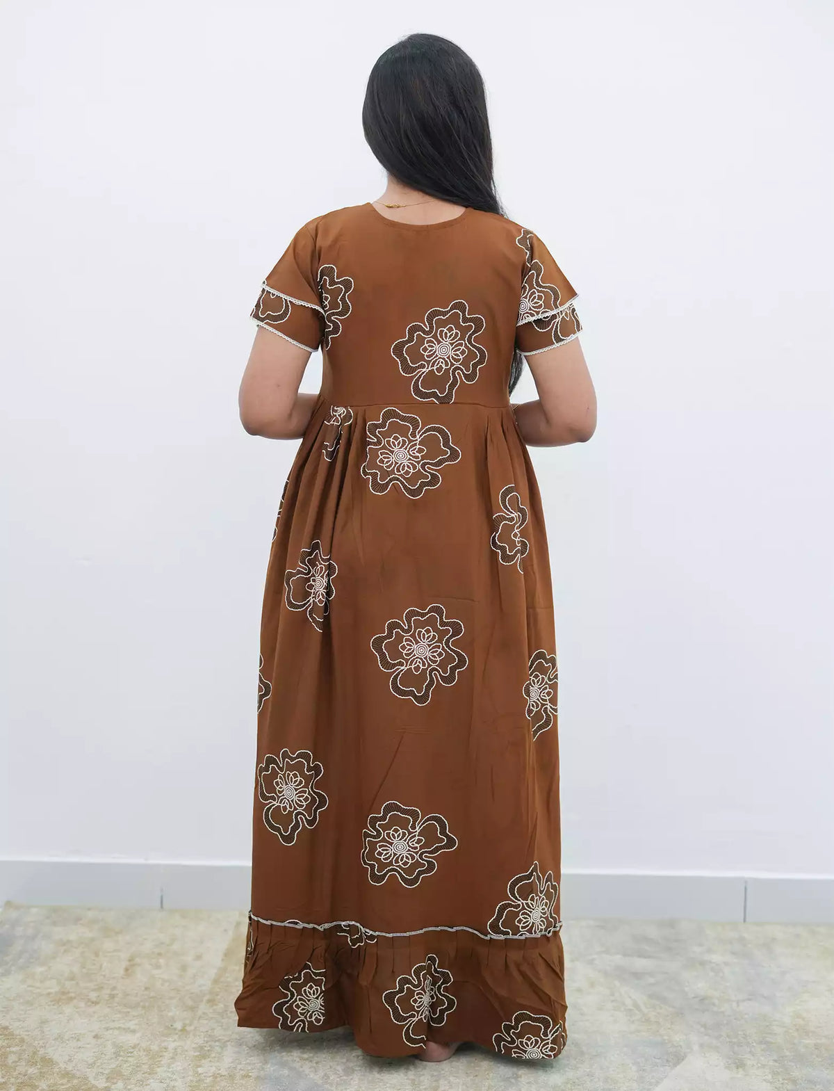 Maroon Floral Outline Print Rayon Front Zipper Feeding and Casual Full Frock - Mangai Nighties