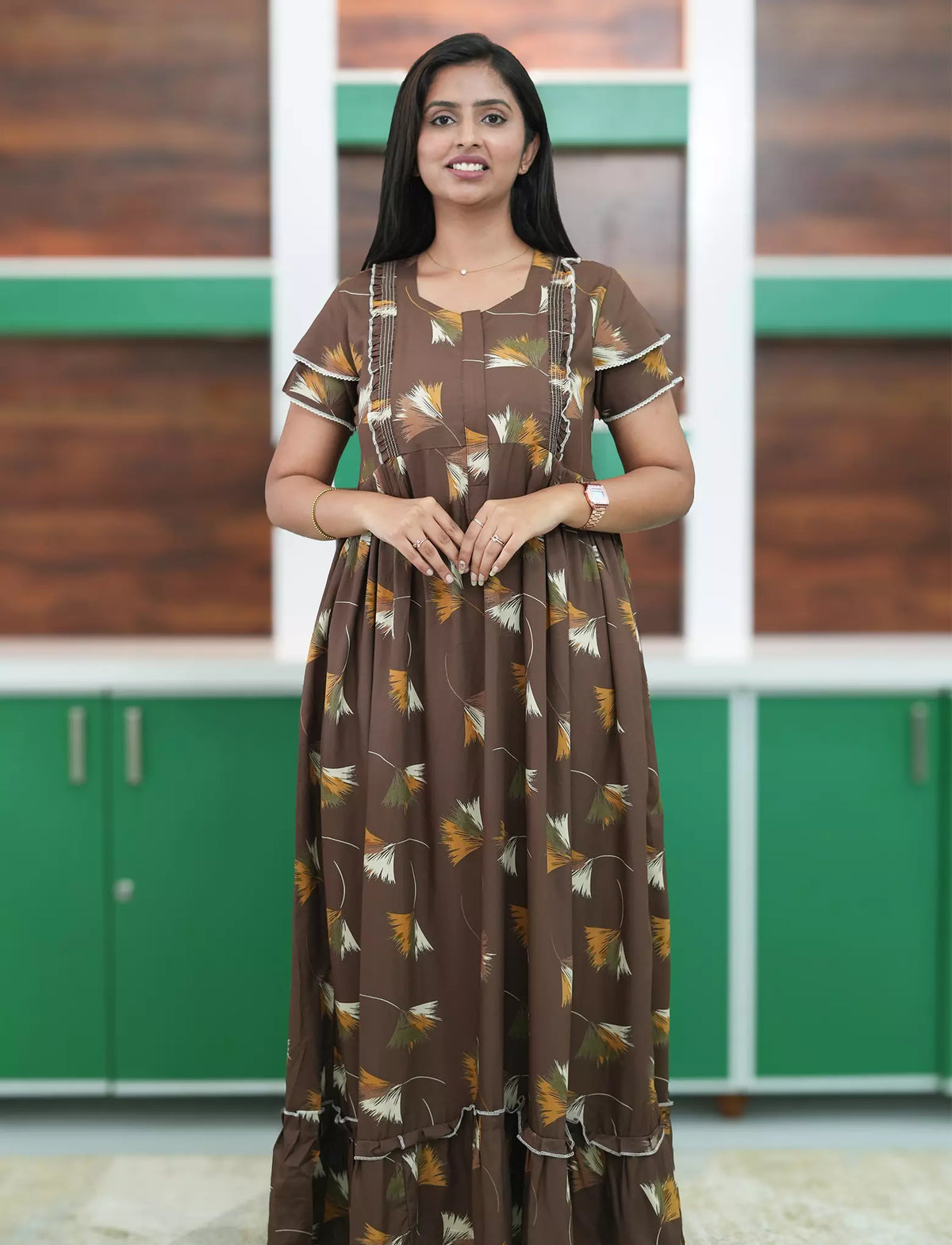Coffee Brown Abstract Feather Print Rayon Front Zipper Feeding Full Frock - Mangai Nighties