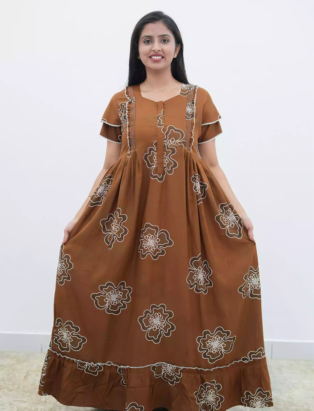 Maroon Floral Outline Print Rayon Front Zipper Feeding and Casual Full Frock - Mangai Nighties
