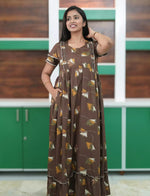 Coffee Brown Abstract Feather Print Rayon Front Zipper Feeding Full Frock - Mangai Nighties