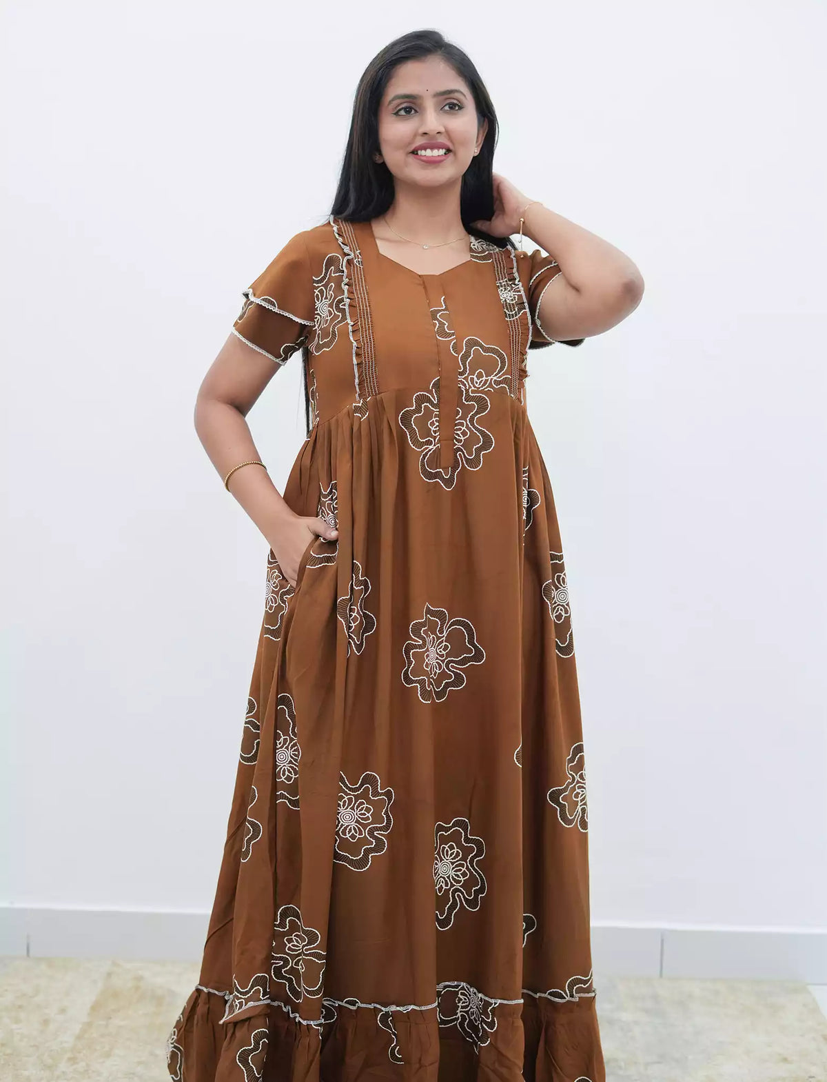 Maroon Floral Outline Print Rayon Front Zipper Feeding and Casual Full Frock - Mangai Nighties