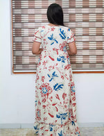 Cream White Floral Print Feeding Flared Dress with Frill Hem - Mangai Nighties
