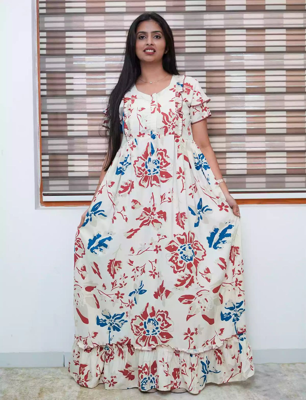 Cream White Vintage Floral Maternity Feeding Dress - Mangai Nighties