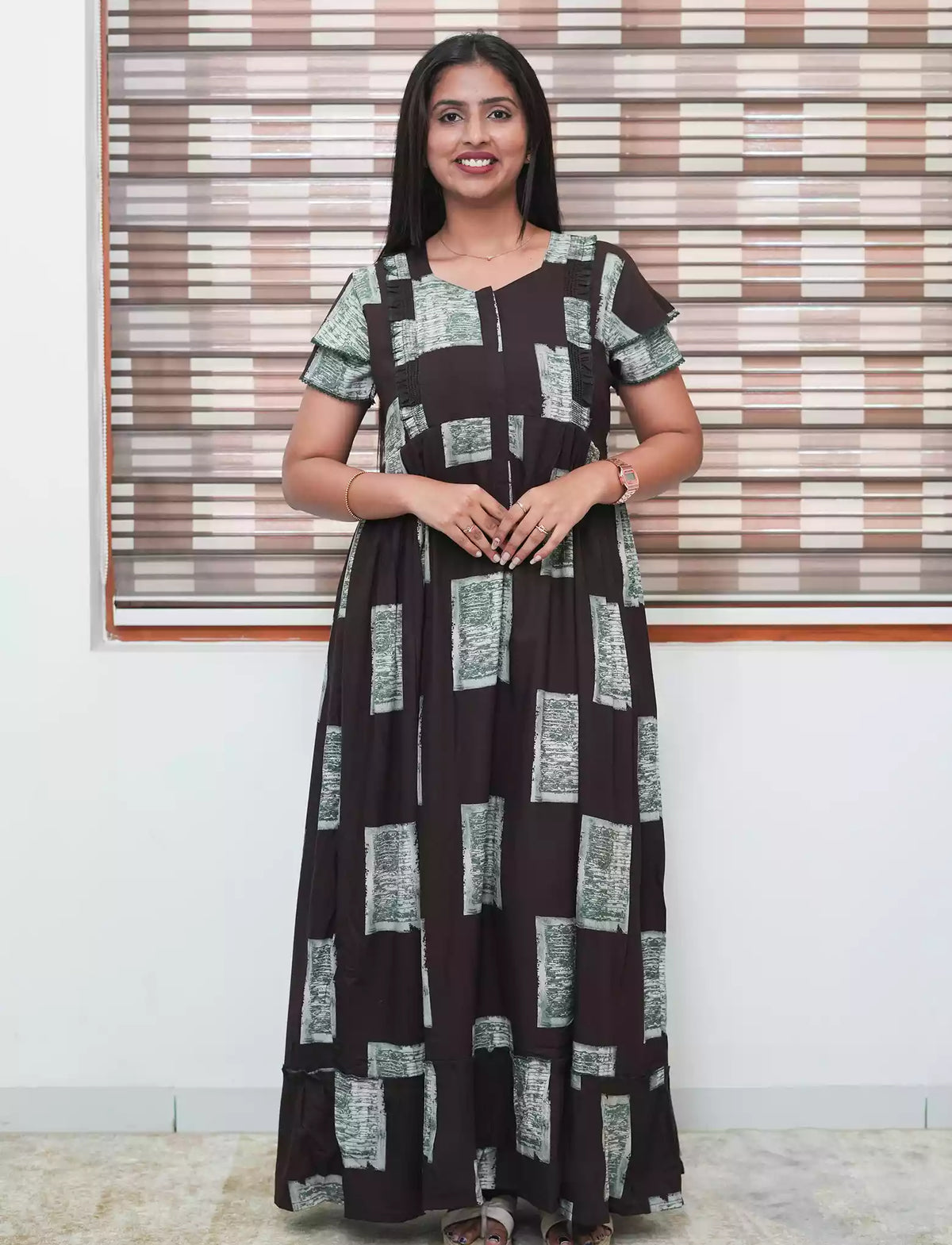 Dark Brown Geometric Print Rayon Front Zipper Feeding Full Frock with Flutter Sleeve- Mangai Nighties