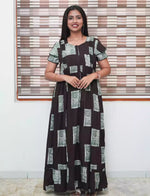 Dark Brown Geometric Print Rayon Front Zipper Feeding Full Frock with Flutter Sleeve- Mangai Nighties