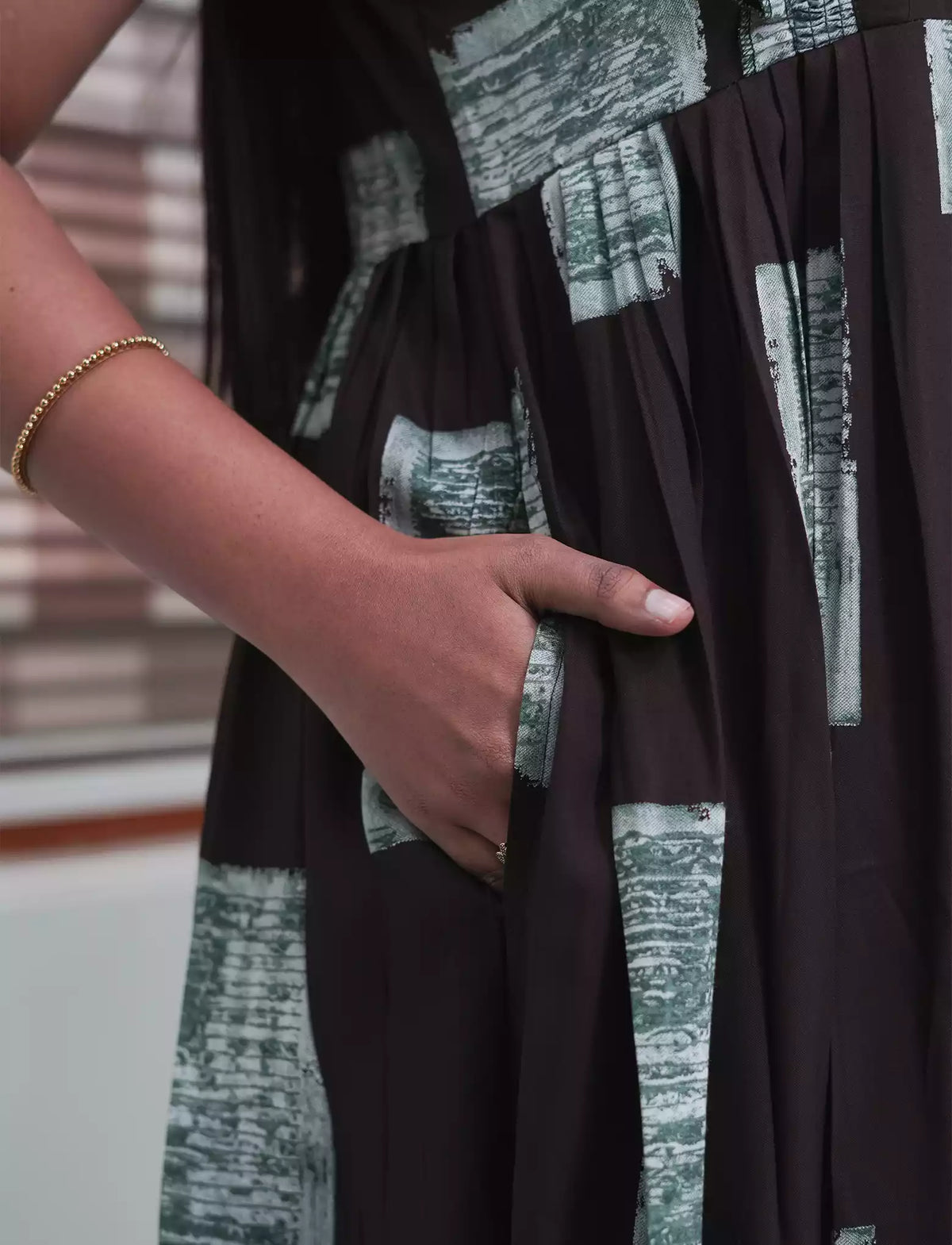 Dark Brown Geometric Print Rayon Front Zipper Feeding Full Frock with Flutter Sleeve- Mangai Nighties