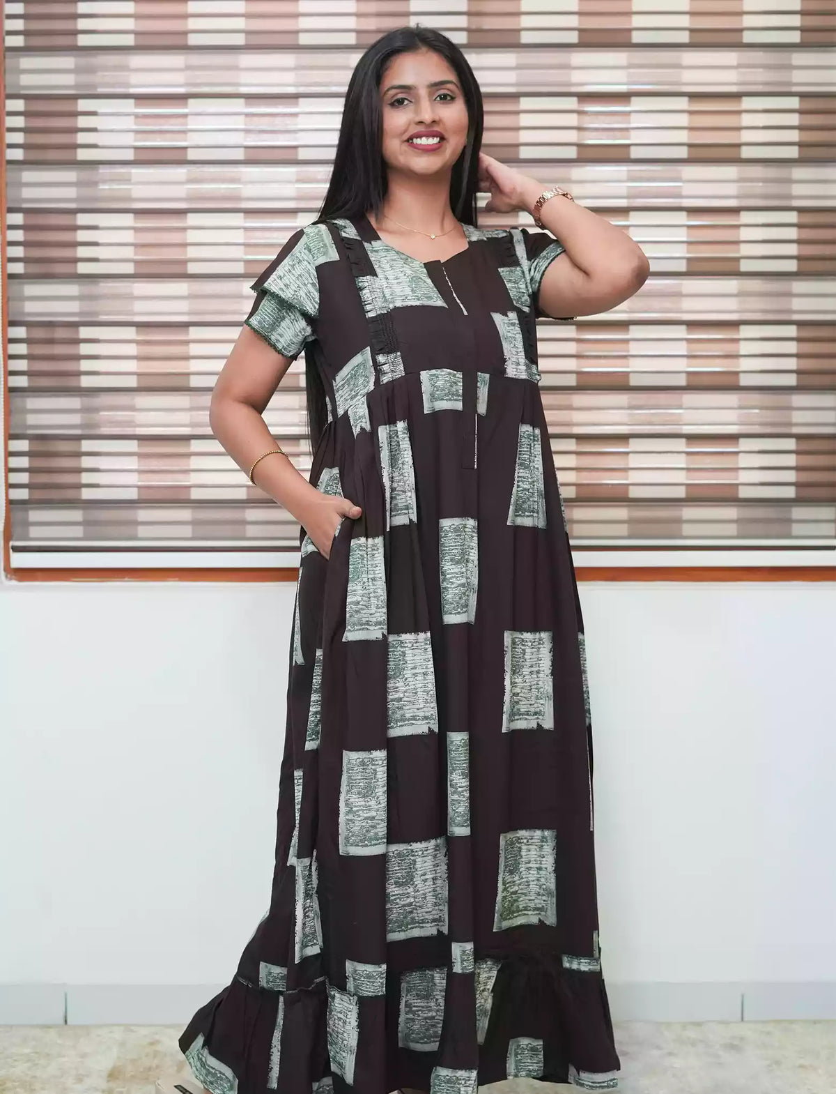 Dark Brown Geometric Print Rayon Front Zipper Feeding Full Frock with Flutter Sleeve- Mangai Nighties