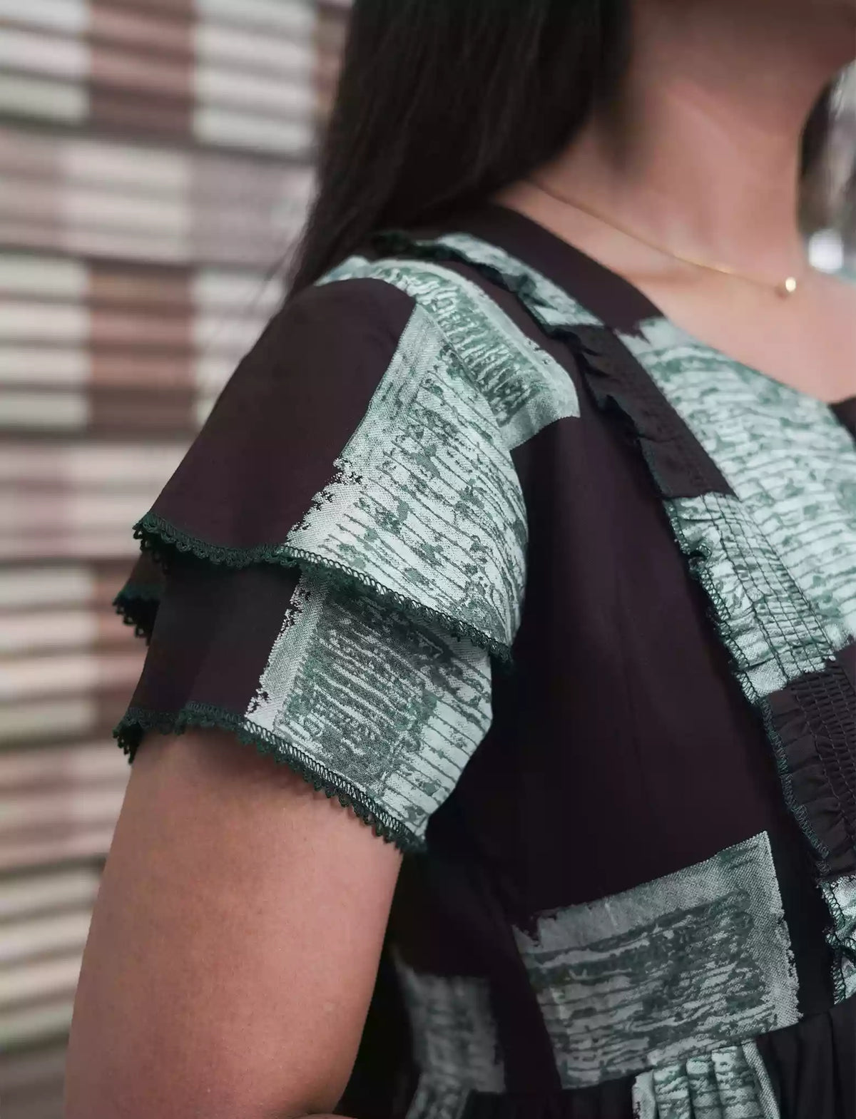 Dark Brown Geometric Print Rayon Front Zipper Feeding Full Frock with Flutter Sleeve- Mangai Nighties