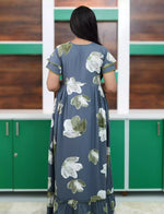 Grey Floral Long Feeding Frock Frill Hem - Mangai Nighties