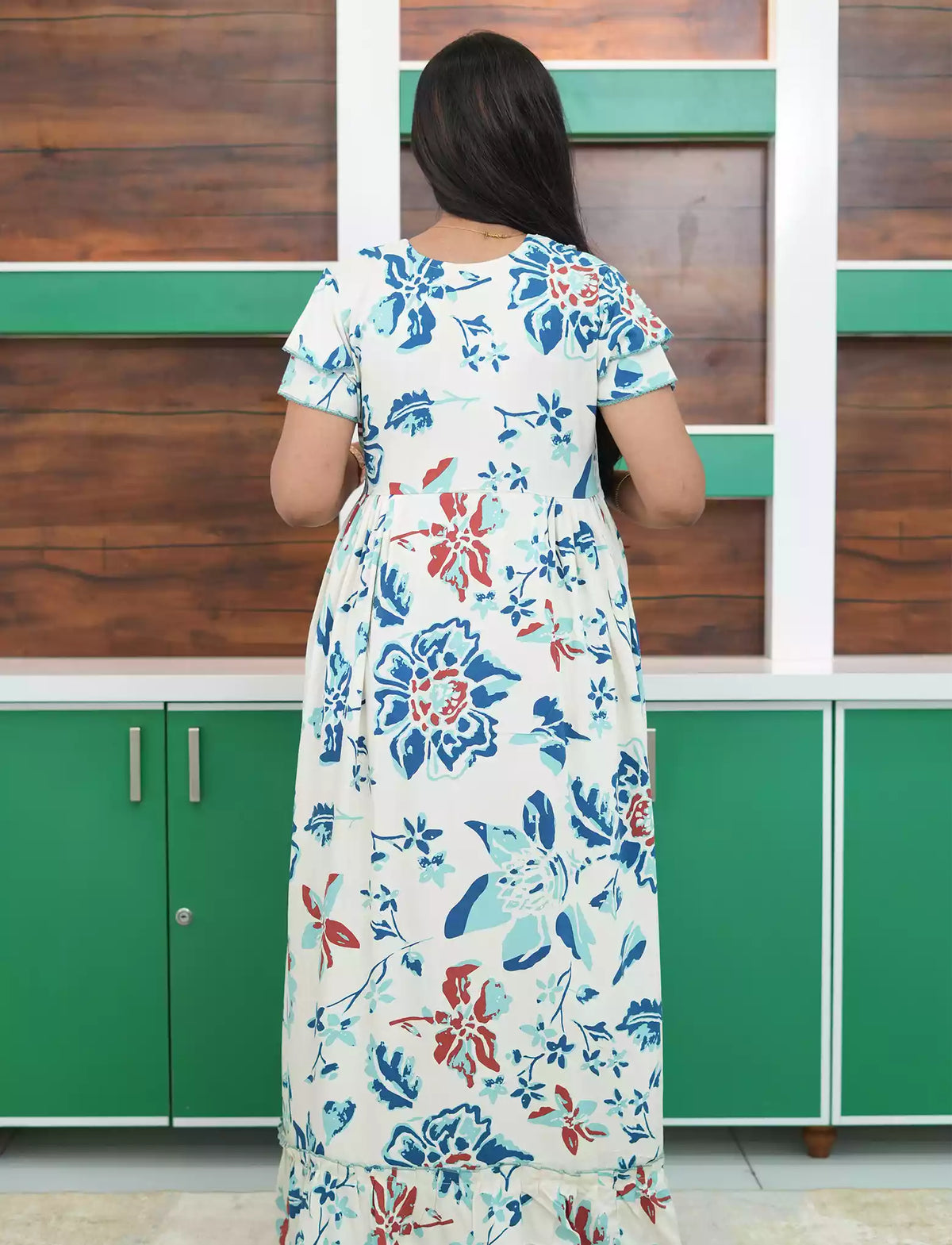 Ivory White Floral Print Feeding Flared Dress with Frill Hem - Mangai Nighties
