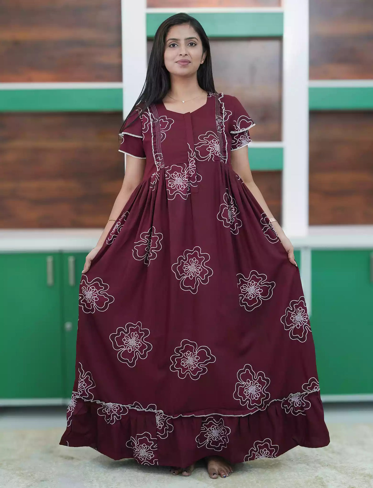Maroon Floral Outline Print Rayon Front Zipper Feeding and Casual Full Frock - Mangai Nighties