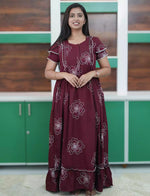 Maroon Floral Outline Print Rayon Front Zipper Feeding and Casual Full Frock - Mangai Nighties