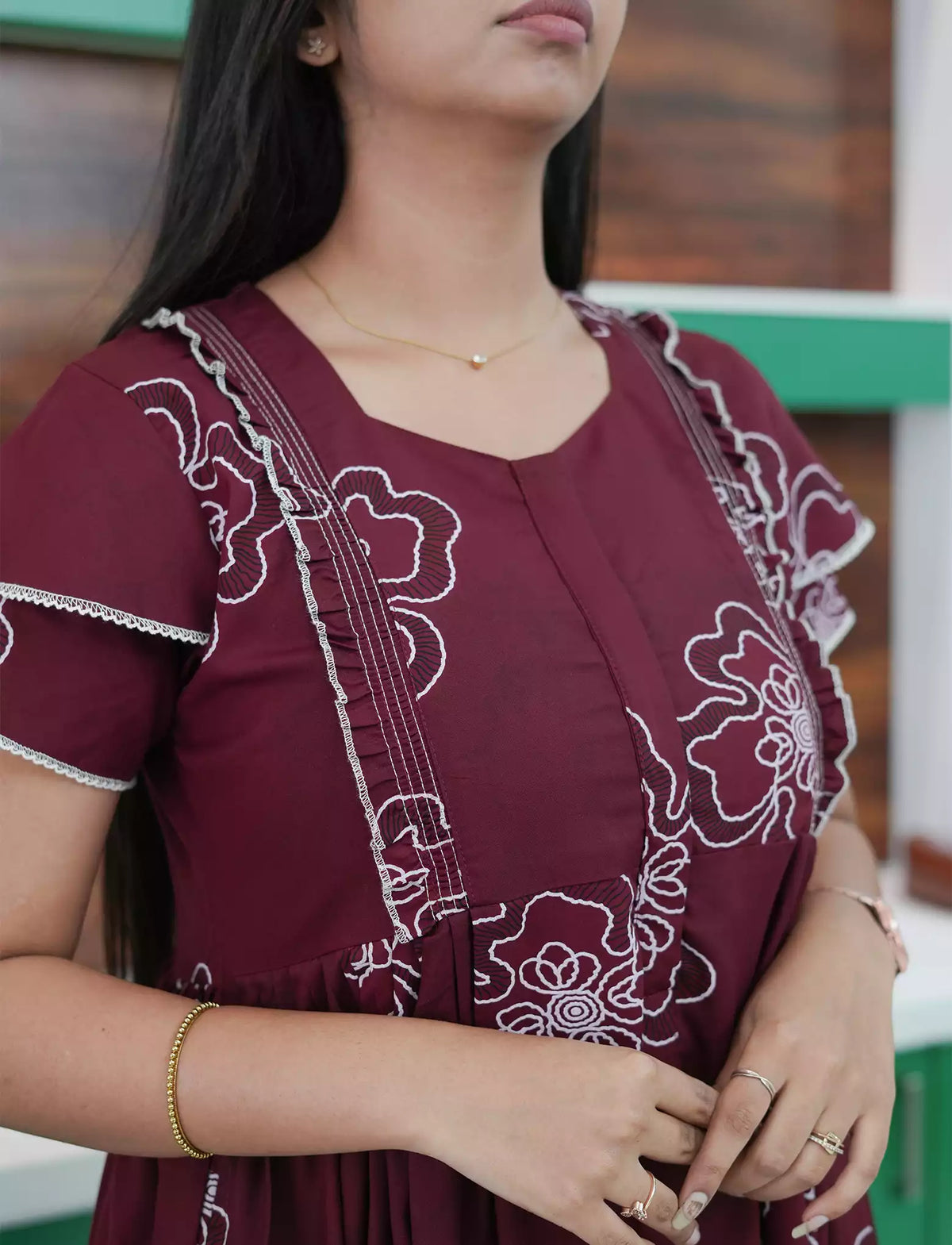 Maroon Floral Outline Print Rayon Front Zipper Feeding and Casual Full Frock - Mangai Nighties
