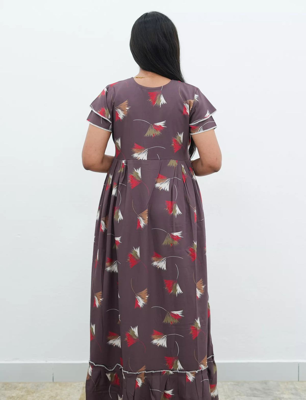 Coffee Brown Abstract Feather Print Rayon Front Zipper Feeding Full Frock - Mangai Nighties
