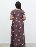 Coffee Brown Abstract Feather Print Rayon Front Zipper Feeding Full Frock - Mangai Nighties