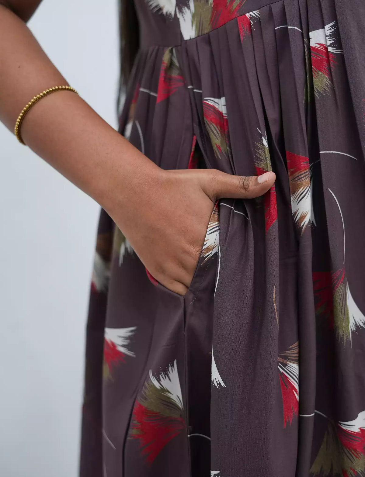 Coffee Brown Abstract Feather Print Rayon Front Zipper Feeding Full Frock - Mangai Nighties