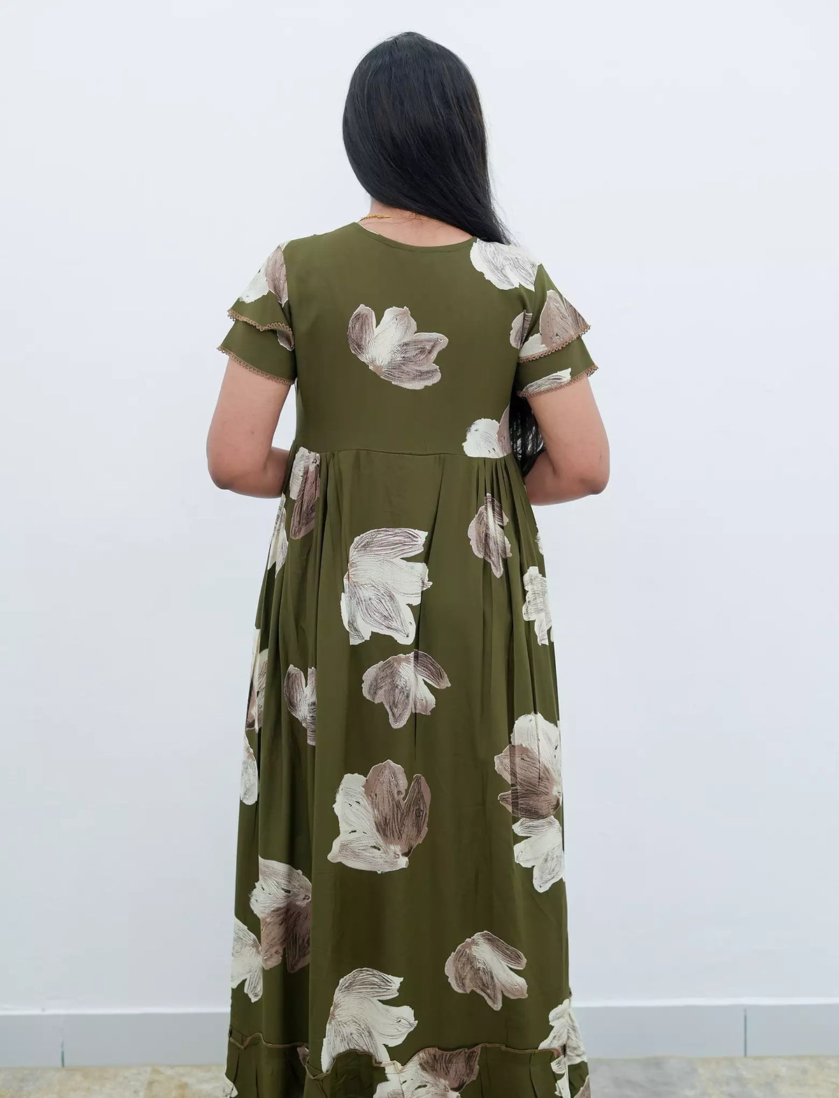 Olive Green Floral Long Frock with Pocket - Mangai Nighties