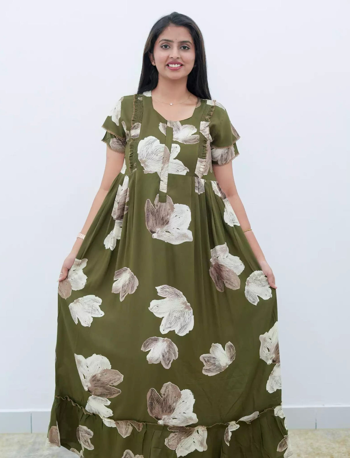 Olive Green Floral Rayon Feeding Frock - Mangai Nighties