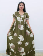 Olive Green Floral Rayon Feeding Frock - Mangai Nighties