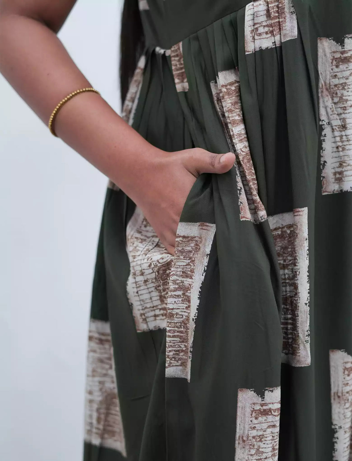 Dark Brown Geometric Print Rayon Front Zipper Feeding Full Frock with Flutter Sleeve- Mangai Nighties
