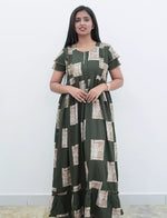 Dark Brown Geometric Print Rayon Front Zipper Feeding Full Frock with Flutter Sleeve- Mangai Nighties