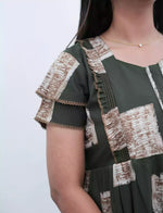 Dark Brown Geometric Print Rayon Front Zipper Feeding Full Frock with Flutter Sleeve- Mangai Nighties