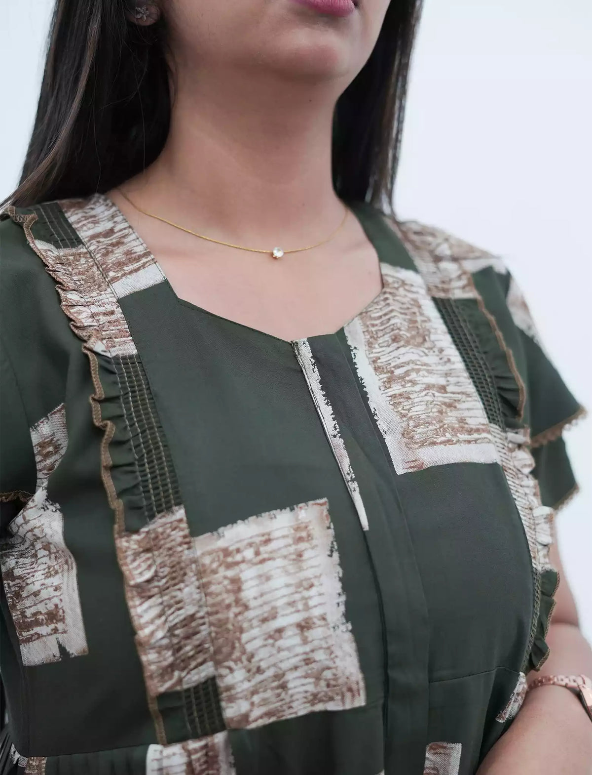 Dark Brown Geometric Print Rayon Front Zipper Feeding Full Frock with Flutter Sleeve- Mangai Nighties