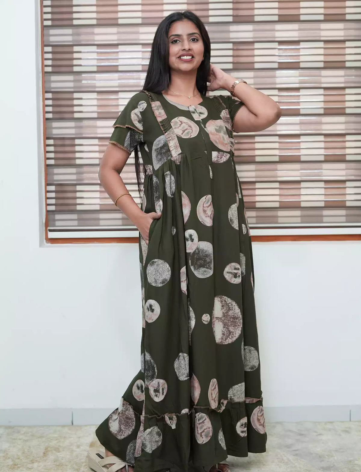 Sage Green Marble Circle Print Rayon Front Zipper Feeding Frock - Mangai Nighties