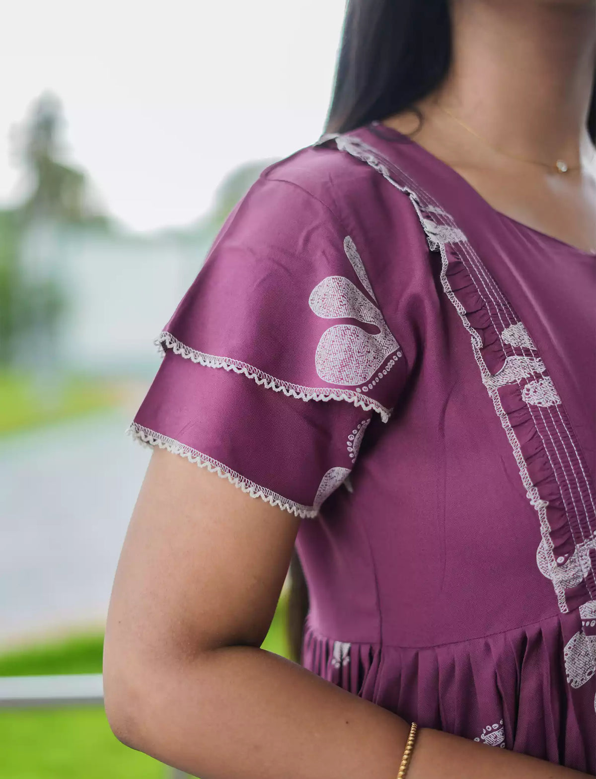 Purple Floral Print Rayon Front Zipper Feeding with Double Layer Sleeve Full Frock - Mangai Nighties