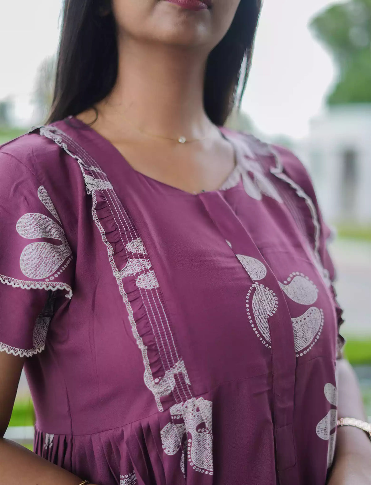 Purple Floral Print Rayon Front Zipper Feeding with Double Layer Sleeve Full Frock - Mangai Nighties
