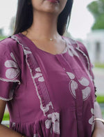 Purple Floral Print Rayon Front Zipper Feeding with Double Layer Sleeve Full Frock - Mangai Nighties