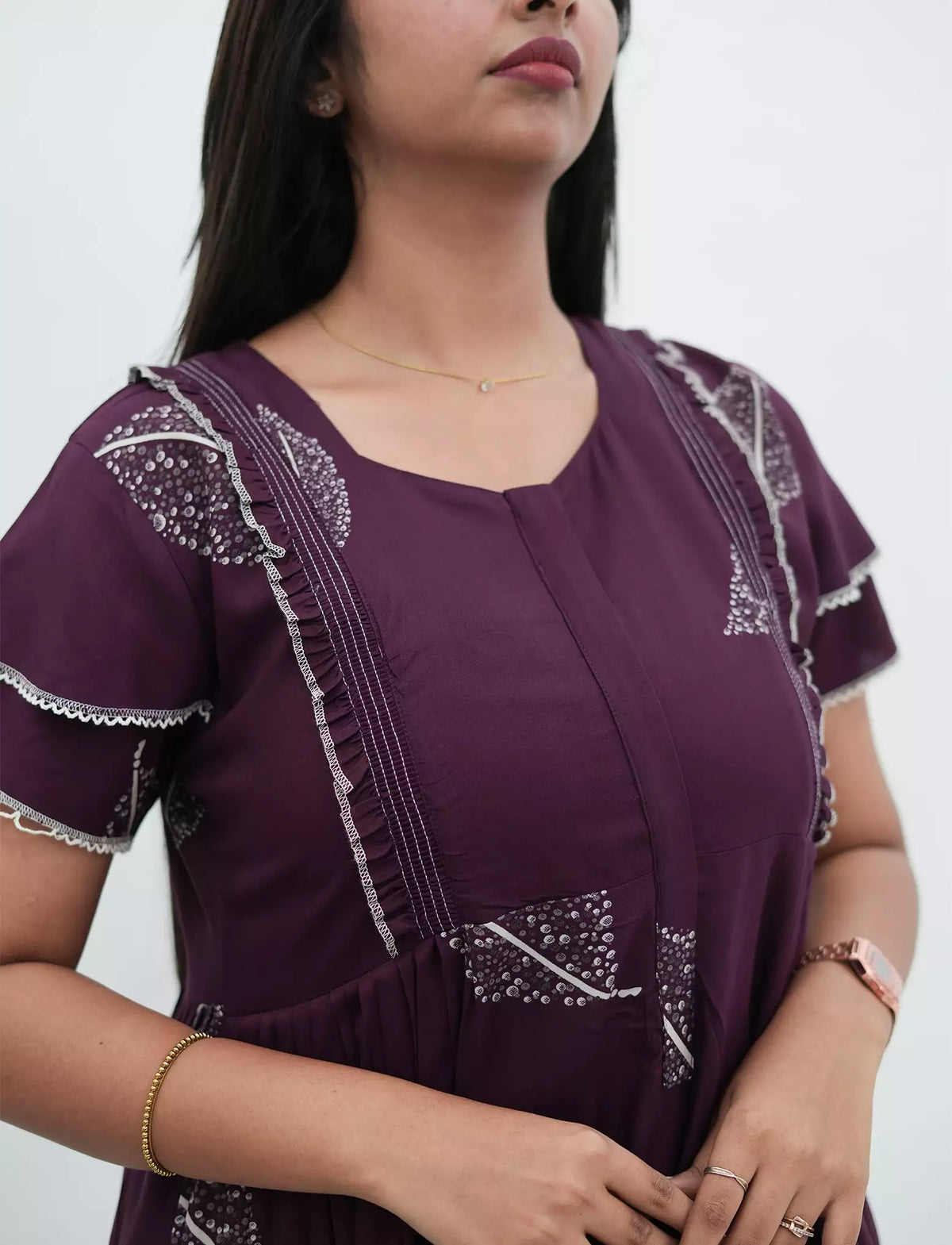 Deep Purple Sliver Leaf Print's with Square Neck Full Frock - Mangai Nighties