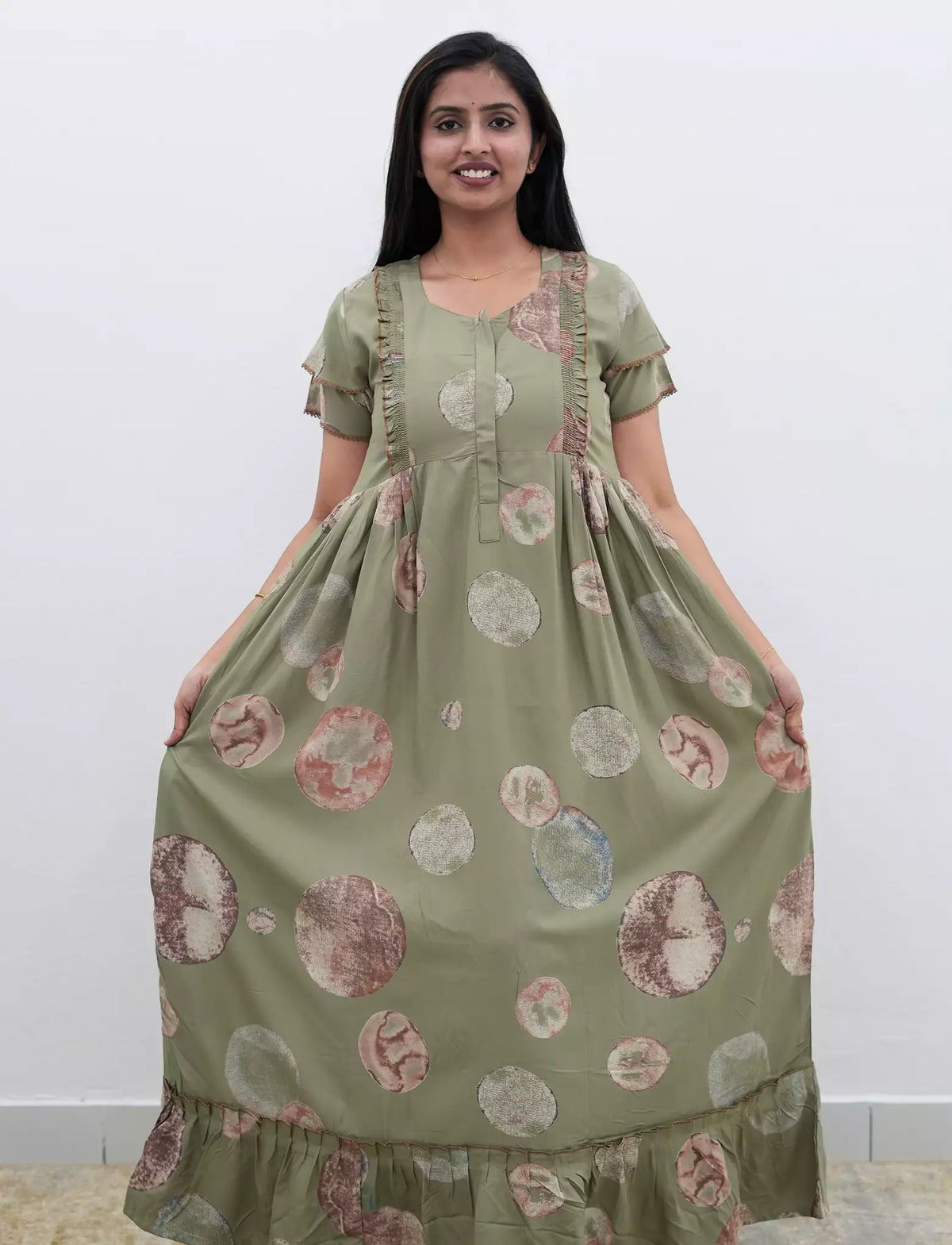 Sage Green Marble Circle Print Rayon Front Zipper Feeding Frock - Mangai Nighties