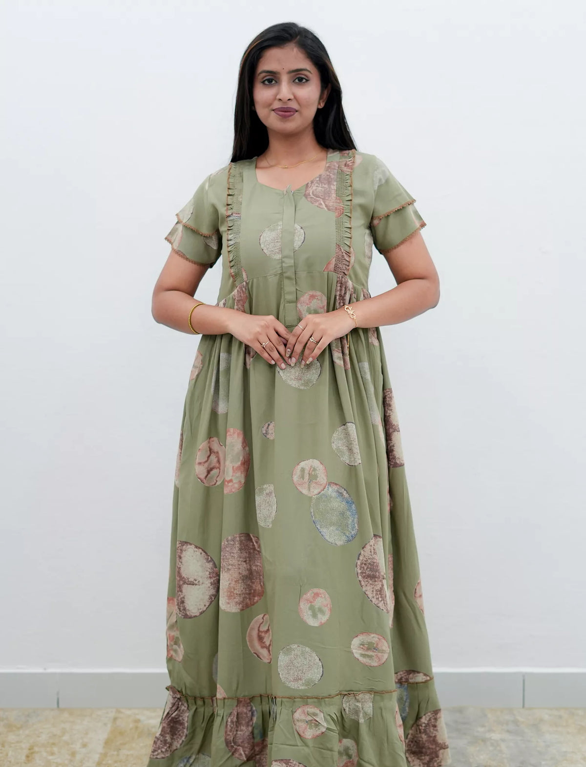 Sage Green Marble Circle Print Rayon Front Zipper Feeding Frock - Mangai Nighties