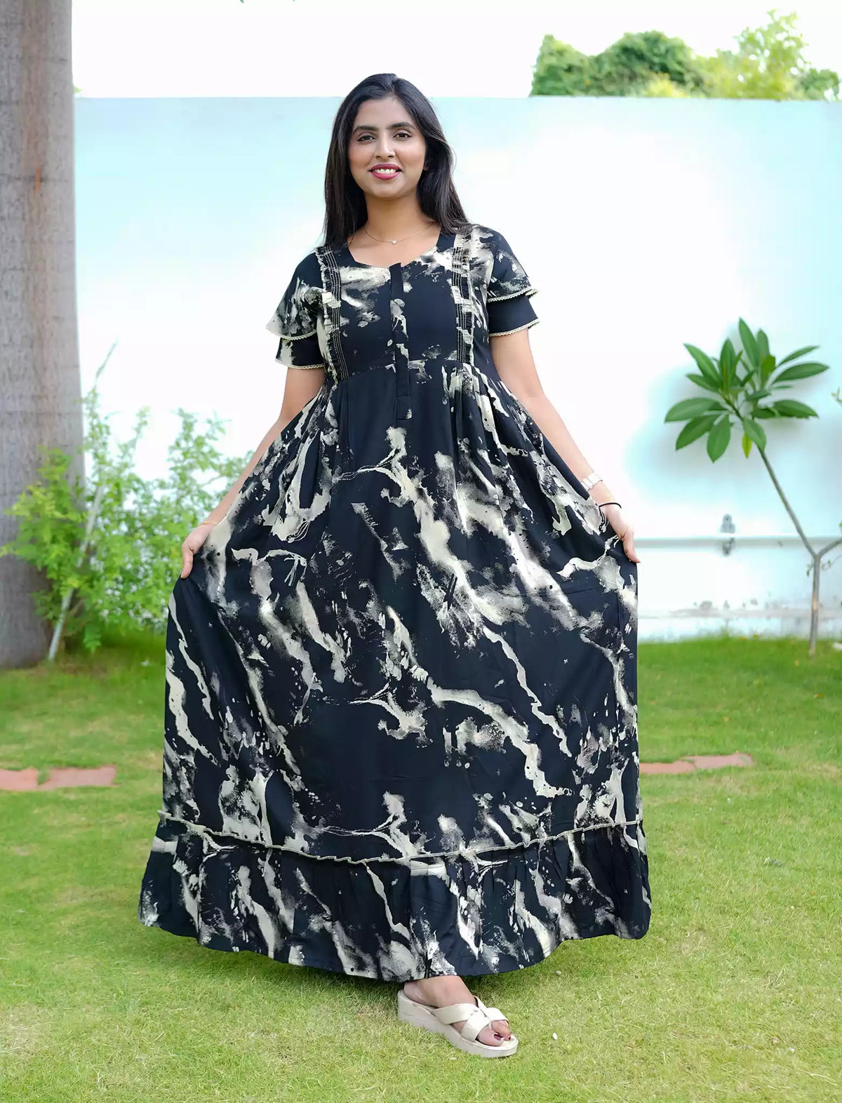 Black Abstract Rayon Feeding Flared Frock - Mangai Nighties