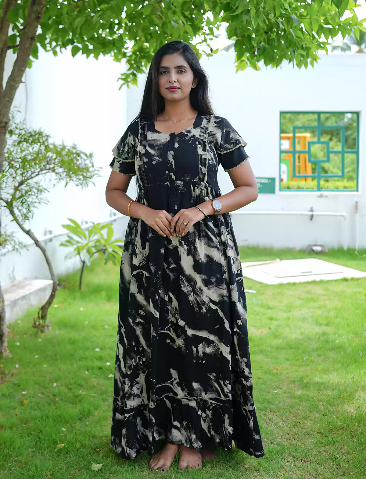 Black Print Rayon Feeding Flared Frock with Frill - Mangai Nighties
