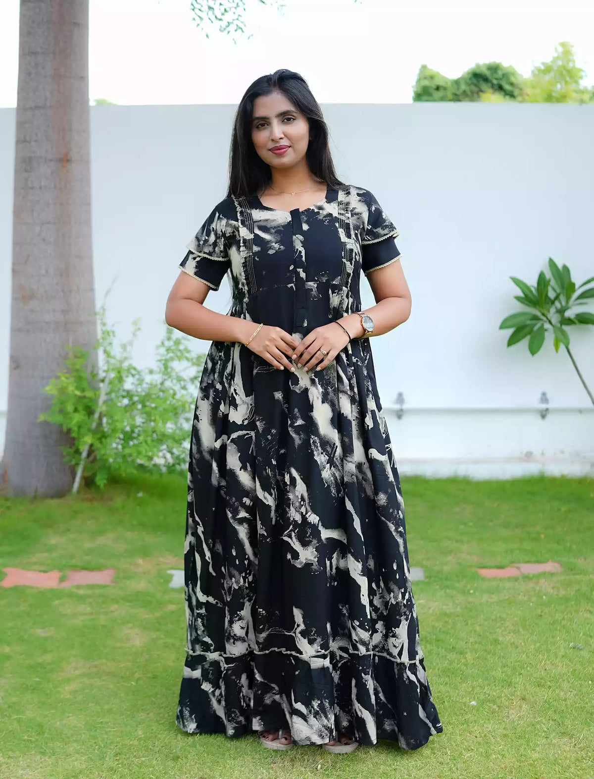 Black Print Rayon Maternity Feeding Flared Dress Mangai Nighties