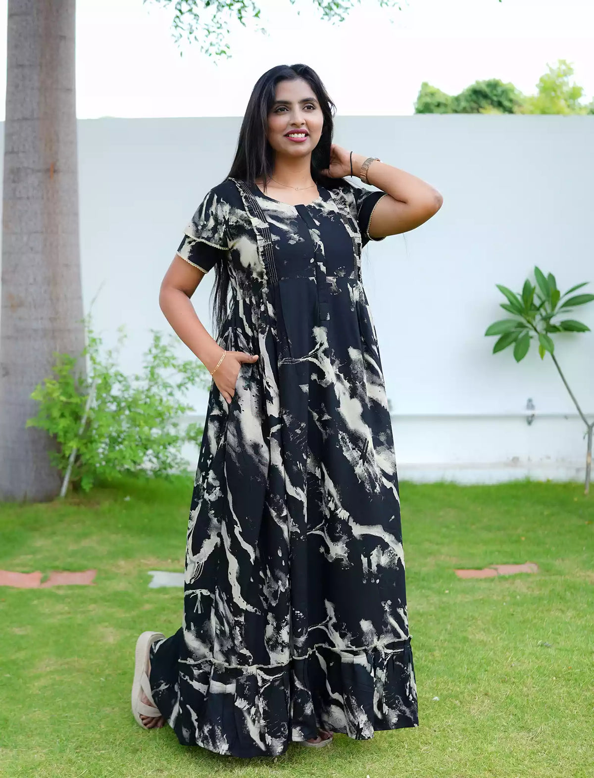 Black Print Rayon Maternity Feeding Flared Dress Mangai Nighties