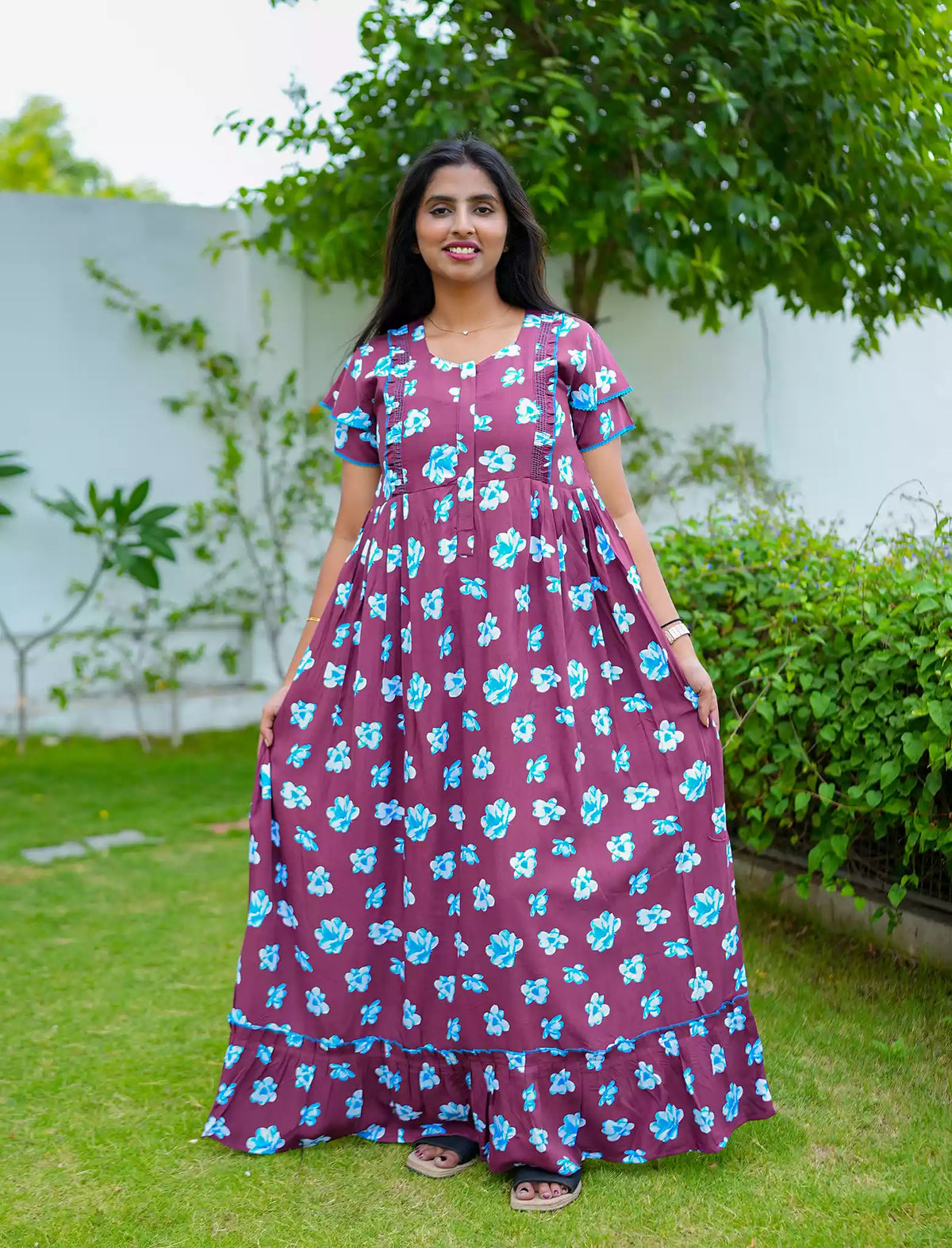 Brown Rayon Feeding Flared Frock - Mangai Nighties