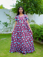 Brown Rayon Feeding Flared Frock - Mangai Nighties