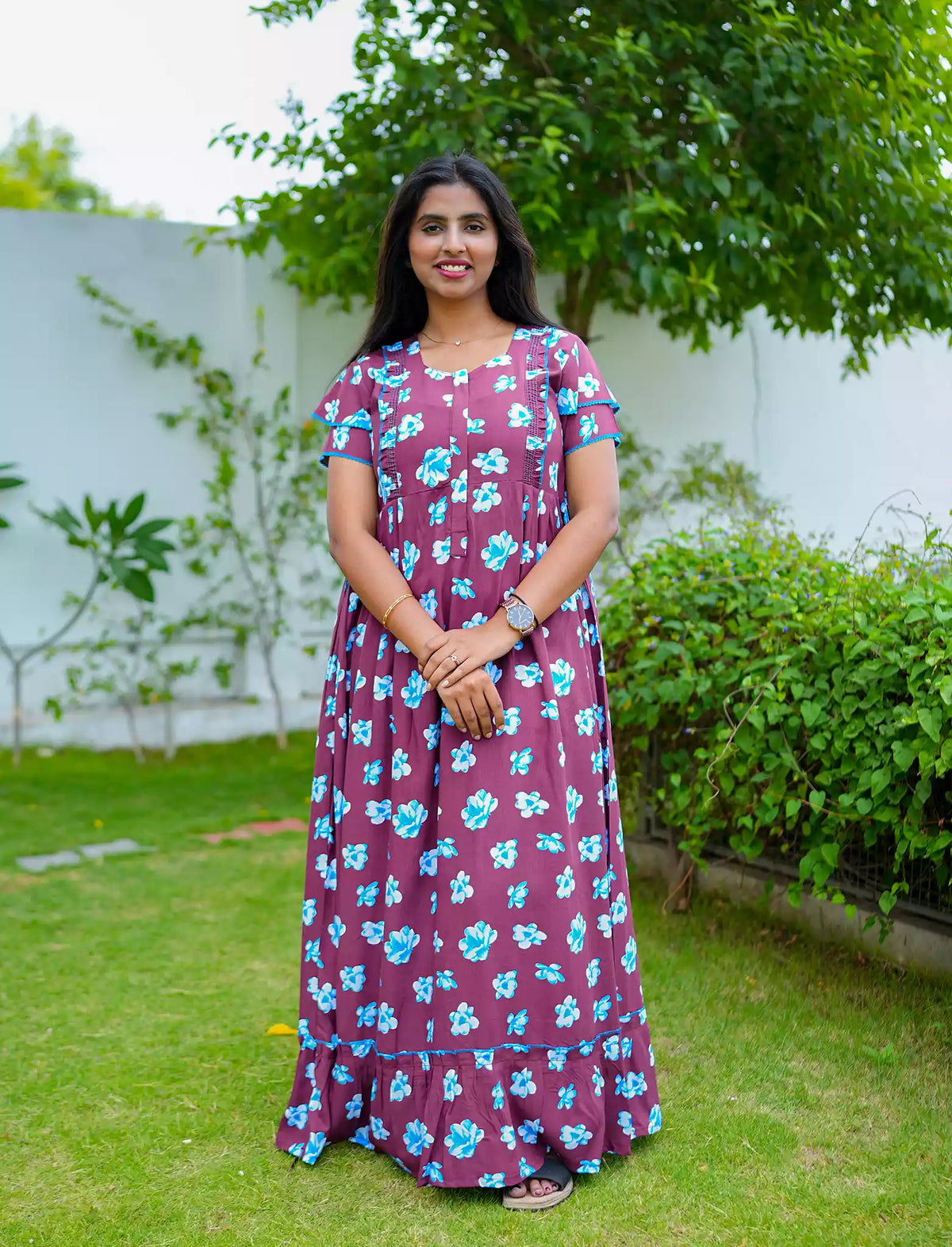 Brown Print Rayon Maternity Feeding Flared Dress Mangai Nighties
