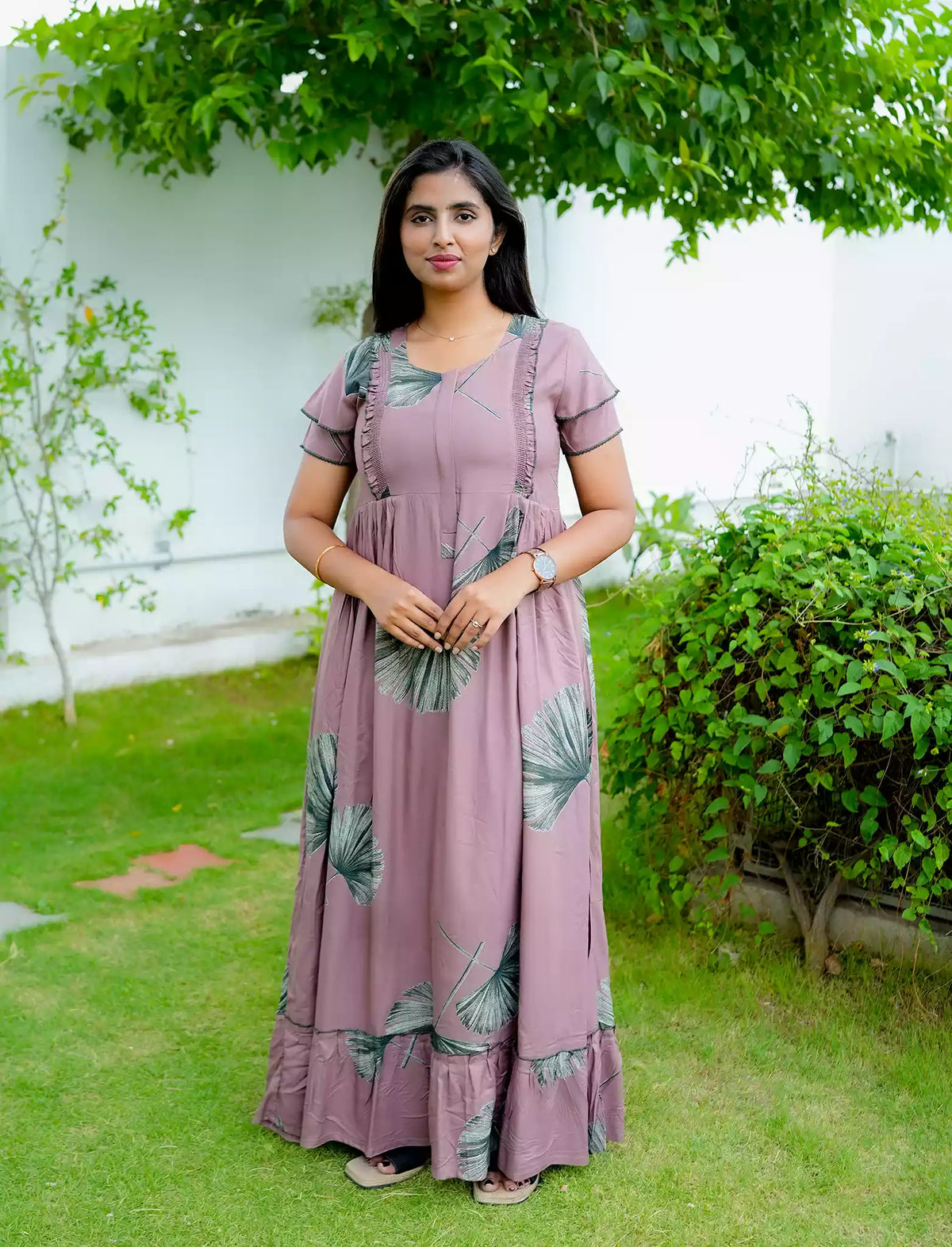 Rayon Leaf Print Feeding Frock With Zipper | Mangai Nighties