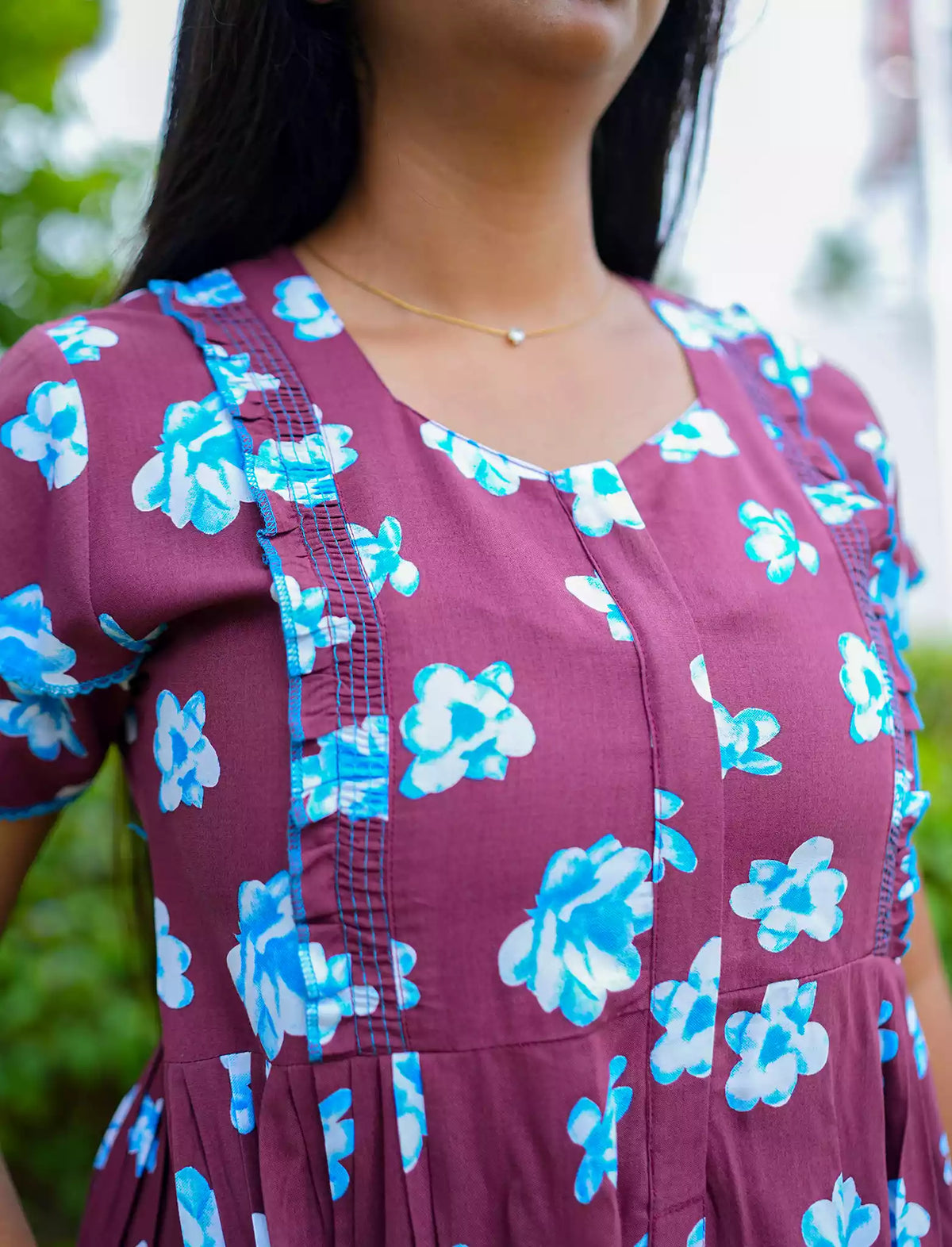 Brown Abstract Feeding Flared Full Frock with Zip - Mangai Nighties