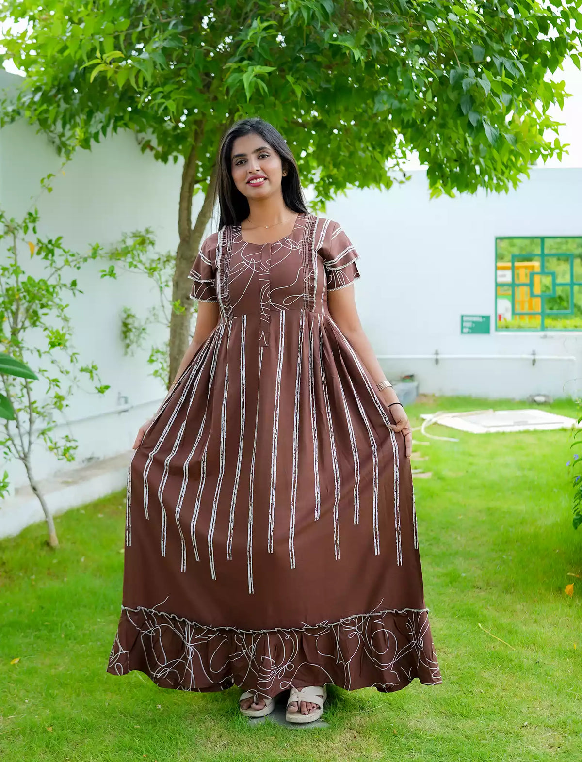 Rayon Stripe Print Feeding Maternity Frock with Zip | Mangai Nighties