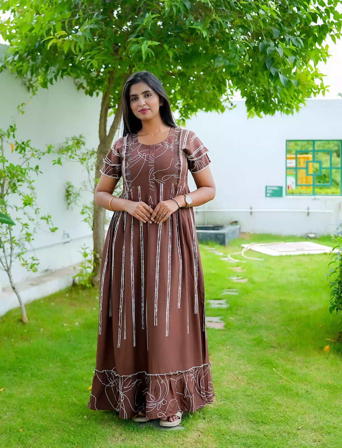 Rayon Stripe Print Feeding Maternity Frock with Zip | Mangai Nighties