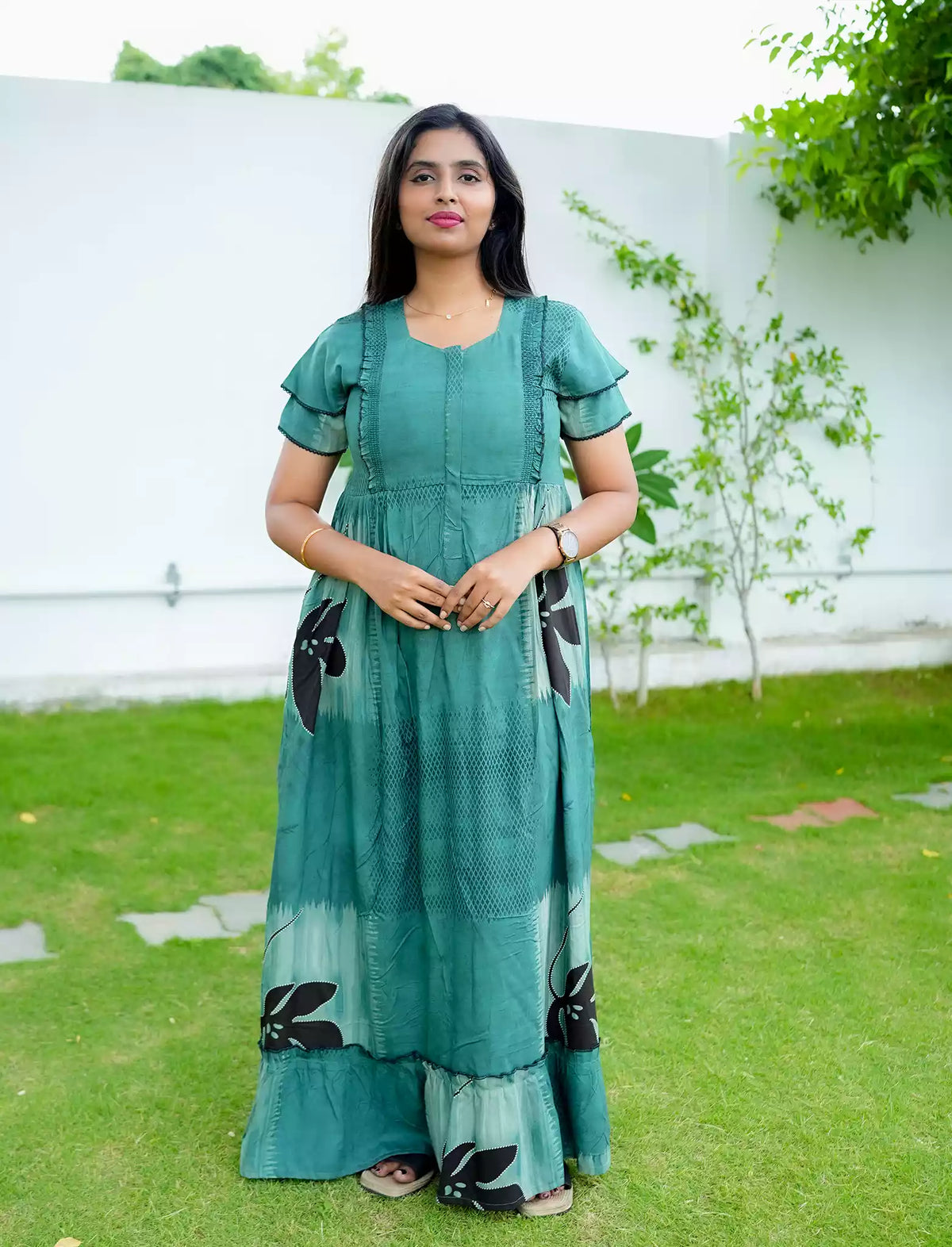 Rayon Floral Motif Print Feeding Maternity Frocks | Mangai Nighties