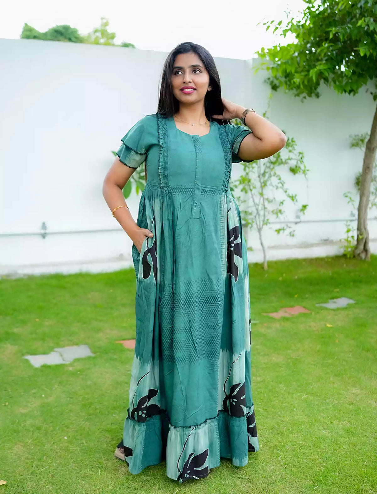 Rayon Floral Motif Print Feeding Maternity Frocks | Mangai Nighties