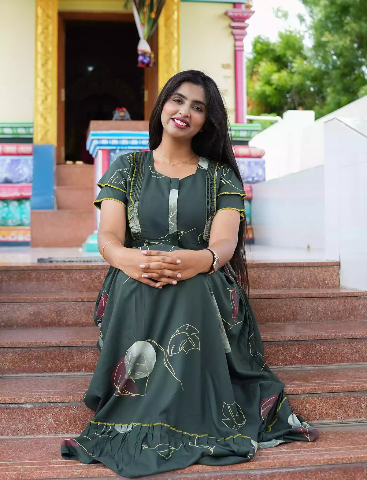 Rayon Floral Print Maternity Feeding Frock with Pocket | Mangai Nighties
