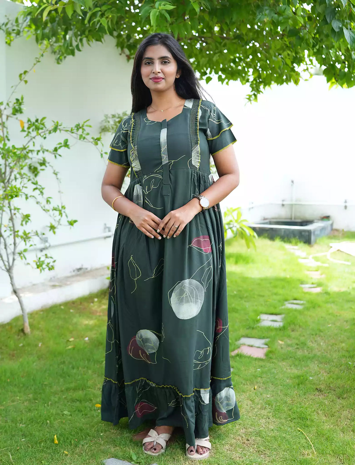 Rayon Floral Print Maternity Feeding Frock with Pocket | Mangai Nighties
